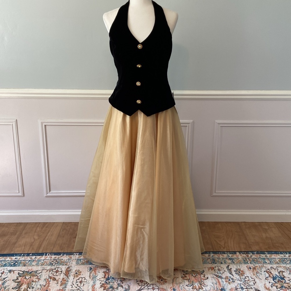 NWT80s Retro Victorian Ball Gown Party Dress Two Tone Velvet Gold Glitter Sz 12 - Picture 3 of 16